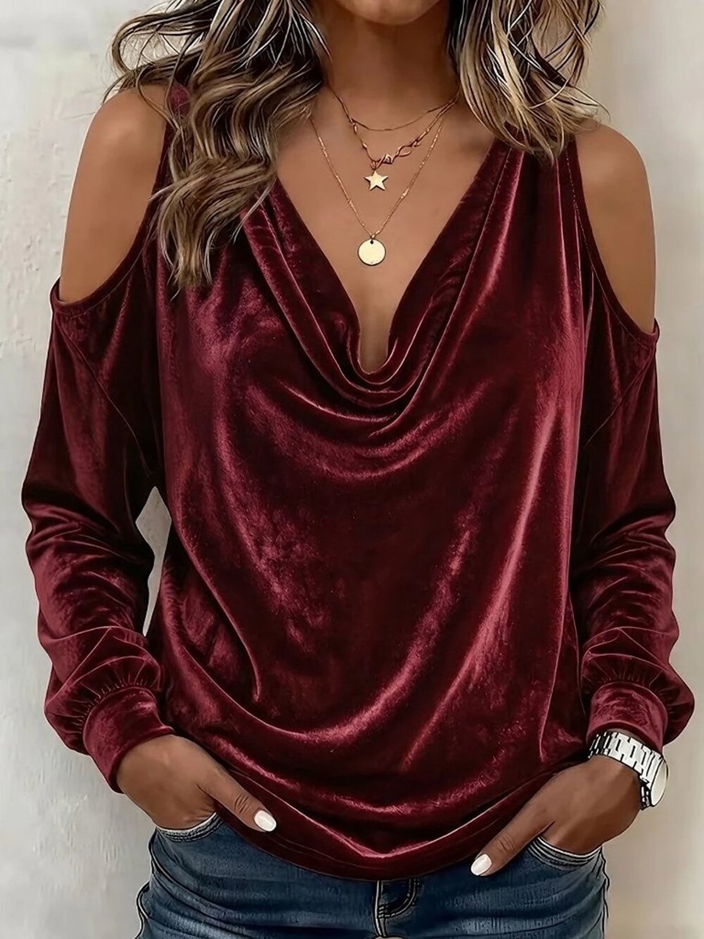 Burgundy Party Women's Velvet Cold Shoulder Long Sleeve Blouse